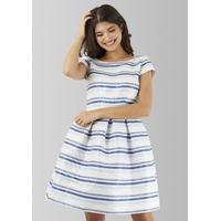 multi stripe cap sleeves pleated skirt dress