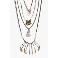 Multi Layered Beaded Tassel Necklace - gold