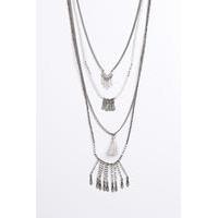 Multi Layered Beaded Tassel Necklace - silver