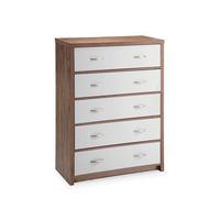 Mylan Walnut Finish 5 Drawer Chest With White Gloss Fronts