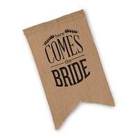 natural burlap ceremony sign black print here comes the bride