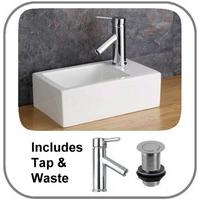 Narrow Sized 23.5cm by 37cm Wide Taranto Right Basin Set inc Tap / Waste Perfect For Cloakroom