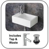 Narrow Spacesaving Taranto 37cm x 23.5cm Hand Basin Left with Mixer Tap and Push Button Waste