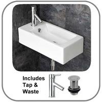 Narrow 50cm by 24.5cm Rectangular Lucca Left Wall Hung Basin Set with Tap and Waste