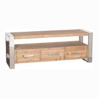 Natural Fir Wood and Stainless Steel Low Sideboard, Brown