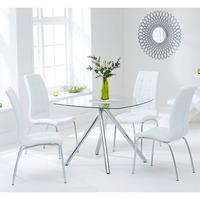 Naxis Square Glass Dining Table With 4 Gala White Dining Chairs
