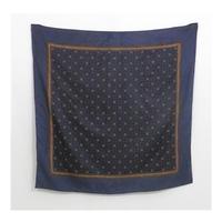 Navy Blue Small Square Ornate Geometric Print Vintage Silk Scarf With Rolled Edges