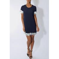Navy And White Shift Dress with Lace Appliqué Trim