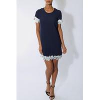 navy and white shift dress with lace appliqu trim