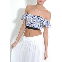 Navy and White Printed Ruffle Crop Top