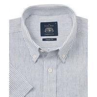 Navy Off White Stripe Linen Blend Casual Fit Short Sleeve Shirt L Short Sleeve - Savile Row