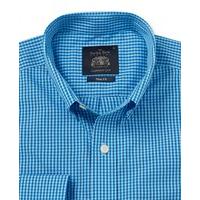 Navy Turquoise Check Button Down Collar Slim Fit Casual Shirt L Standard - Savile Row