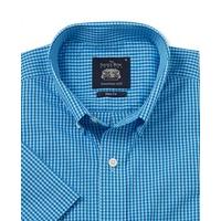 Navy Turquoise Check Slim Fit Short Sleeve Casual Shirt S - Savile Row