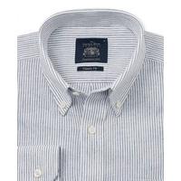 Navy Off White Fine Stripe Linen Blend Casual Fit Shirt M Standard - Savile Row