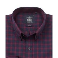 Navy Burgundy Brushed Twill Check Slim Fit Casual Shirt L Standard - Savile Row