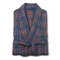 Navy Blue Orange Tartan Check Brushed Cotton Dressing Gown L - Savile Row