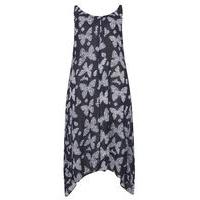 Navy Blue Butterfly Print Hanky Hem Dress, Navy