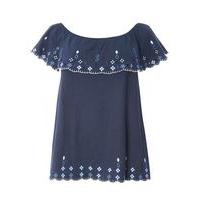 Navy Blue Embroidered Bardot Top, Navy