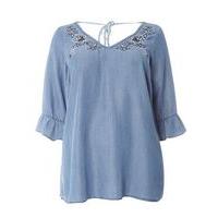 Navy Blue Embroidered Tencel Gypsy Top, Navy