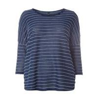 Navy Blue 3/4 Sleeve Frill Stripe Top, Navy