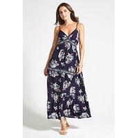 Navy Floral Print Embroidery Tiered Maxi Dress