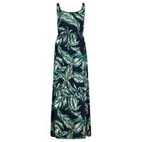 Navy Teal & Khaki Palm Leaf Print Maxi Dress