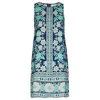 Navy Aqua & Pink Paisley Floral Border Print Shift Dress