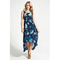 Navy Blue & White Floral Brushstroke Print Midi Dress