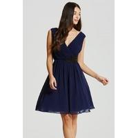 navy and black applique crossover dress