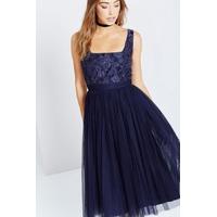 Navy Lace and Mesh Midi Dress