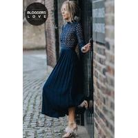 Navy Crochet Lace Midi Dress With Pleats