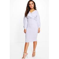 Natalie Puff Ball Sleeve Wrap Midi Dress - dove