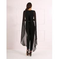 NATASHA - Black Jumpsuit with Chiffon Cape Sleeves and Gold Zip Detail