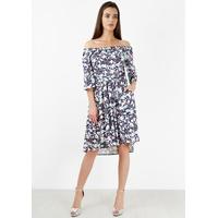 Navy and White Floral Bardot Hi Lo Dress