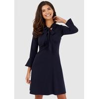 Navy A-Line Dress with Tie Neck