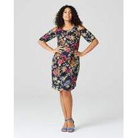 Navy Floral Cut Out Shoulder Dress
