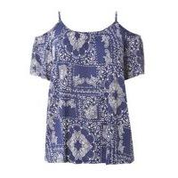 Navy Blue Printed Cold Shoulder Top, Bright Multi