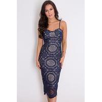 Navy Blue Bustier Lace Midi Dress