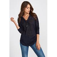 Navy Lace Up Long Sleeved Top