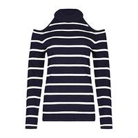 navy white stripe pattern cold shoulder fine knit jumper