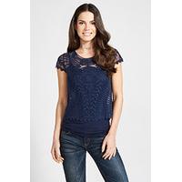 Navy Embroidered Floral & Vine Pattern Mesh T-Shirt