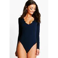 Naome Long Sleeve Scallop Edge Plunge Body - navy
