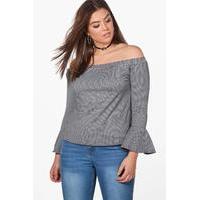 nat off the shoulder flare sleeve gingham top black