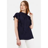 Navy Side Ruffle Tie Neck Blouse