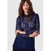 Navy Lace Fitted Blouse with Collar