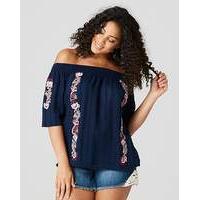 Navy Embroidered Bardot Blouse