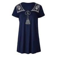 Navy Tie Front Embroidered Top