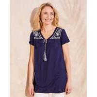 Navy Tie Front Embroidered Top