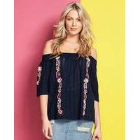 Navy Embroidered Bardot Blouse