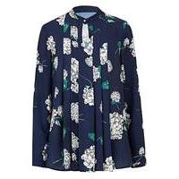 navy floral stand collar pleat blouse